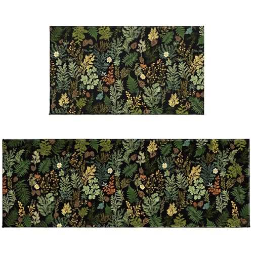 Black Green Botanical Kitchen Mats for Floor 2 PCS Natural Fern Plant Kitchen Rug Set 17"x47"+17"x30", Vintage Leaf Dark Non Slip Washable Runner Rug Set for Sink Laundry Hallway Decor - color: Black Green Botanical