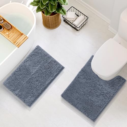 Hearth & Harbor Bathroom Rugs, Chenille Bath Mat - Machine Washable Bath Mats for Bathroom Non-Slip Backing Rubber, Quick Dry Bathroom Mat, 17 x 24 + 20 x 24 - Stone Blue - color: Stone Blue, style: 17 x 24 + 20 x 24