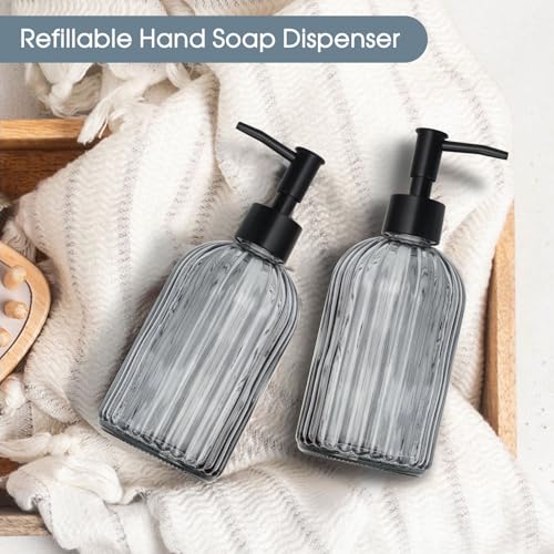 Topsky 2 Pack Glass Soap Dispenser with Plastic Pump,400ml Liquid Hand Soap Dispenser,Rustproof Pump for Kitchen & Bathroom,Great for Lotions,Essential Oil,Liquid Soaps,Gray - color: Stripe-grey, size: Plastic Pump