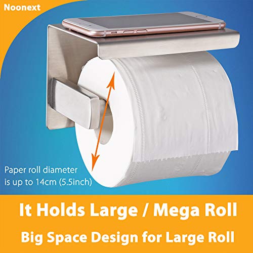 Adhesive Toilet Paper Holder with Shelf, Toilet Paper Roll Holder Wall Mounted, Fits Mega Roll, Stainless Steel Tissue Roll Dispenser Storage No Drilling (Brushed Nickel) - color: Brushed Nickel