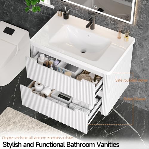 ONBRILL Modern Bathroom Vanity with Sink Combo, Curved Floating Bath Vanity with 2 Drawers, Wall Mount Bathroom Vanities with Integrated Ceramic Sink for Small Space, Apartment (White, 32“) - color: White, size: 32“