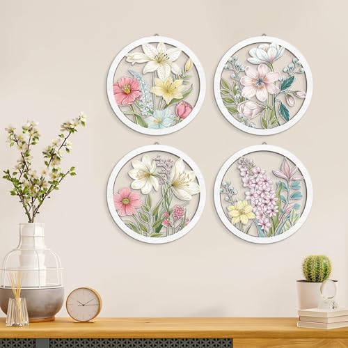 HPNIUB Boho Flower Wall Decor, Abstract Floral Market Wooden Wall Hanging Sign, 4 Pieces 10''x10'' Colorful Plant Wall Art, Minimalist Wildflower Botanical Wood Plaue for Girls Bedroom Living Room - color: Boho wildflower