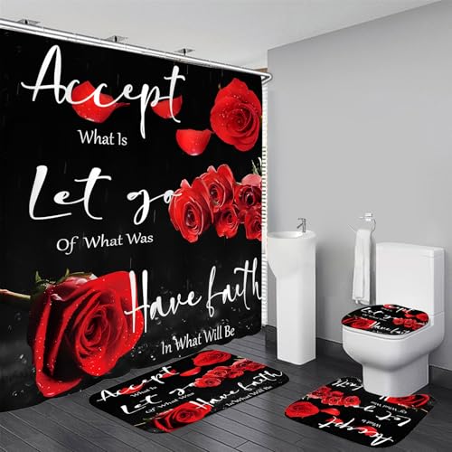 Yddsky 4 Pcs Red Rose Shower Curtain Sets with Rugs Black Blessed Bathroom Sets with Shower Curtain and Rugs Bathroom Curtains Shower Set with Toilet Lid Cover for Women Bathroom Decor Accessories - color: Red Blessing Rose