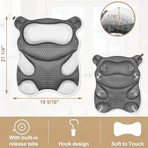 Bath Pillow for Tub Ergonomic Bear Shape Design Bath Pillow for Head and Neck Support SPA Gift Bathtub Pillow 4D Air-Mesh with 8 Suction Cups Washable Gray - size: 19''*21'' Bear Shape
