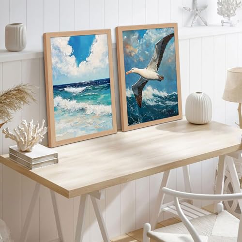 2Pcs Wood Framed Vintage Seascape Wall Art Coast Beach Seagulls Flying Over Waves Poster Canvas Print Modern Seaside Picture Home Decor Painting for Living Room Bedroom Bathroom16x24in - color: Birds Flying Over Waves, size: 16x24 Inches