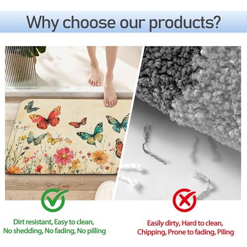 Retro Butterfly Flowers Bathroom Rug 29.5"x17", Super Absorbent Fast Drying Bath Mat with Non-Slip Rubber Backing, Thin Low-Profile Easy-Clean Bathroom Floor Mat for Shower or Tub - color: Retro Butterfly Flowers