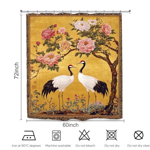 Vintage Peony Flower Crane Shower Curtain 60Wx72L Inch Chinese Asian Retro Botanical Plant Blossom Bathroom Set Accessories Decor with 12 Pack Hooks - color: Vintage Peony, size: 60"W x 72"L (Pack of 1)