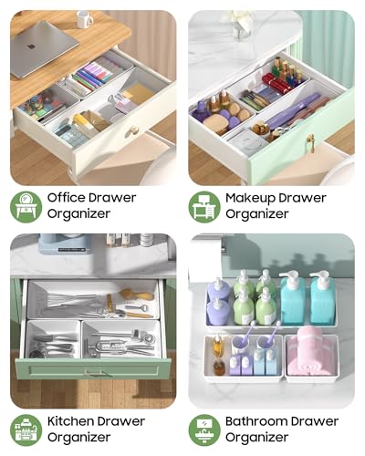 10 Pack Large Size Plastic Drawer Organizers Set, 3 Sizes Desk Drawer Organizer Trays, Storage Bins for Vanity, Makeup, Bathroom, Kitchen Utensils and Office (White) - color: White