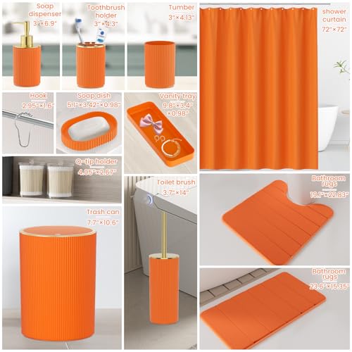 Orange Bathroom Accessories Set - Bathroom Sets, 25PC Bath Accessory Set, Bathroom Sets with Push Top Trash Can, Shower Curtain and Rugs, Toilet Brush, Trash Can & Soap Dispenser - color: Orange & Gold, size: 25-Piece Set (Accessories + Shower Curtain + R