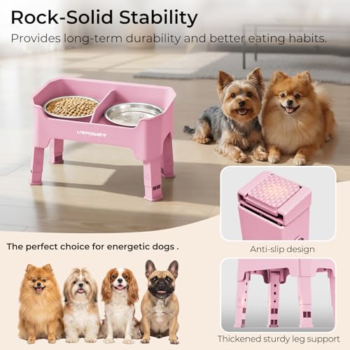 URPOWER Mess Proof Elevated Dog Bowls 4 Height Adjustable Raised Bowl Stand with 2 Stainless Steel Dog Bowls Non-Slip Food and Water Bowl Set for Small Dogs, Pink - color: Pink, size: Small