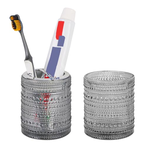 Grey Toothbrush Holders for Bathrooms, Glass Toothbrush Holder with 2 Slot Divider, 10oz Bathroom Tumbler and Mouthwash Cup, Tooth Brush Holder for Brushes, Toothpaste - color: Grey