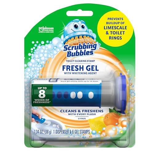 Scrubbing Bubbles Fresh Gel Toilet Bowl Cleaning Stamps, Helps Keep Toilet Clean and Helps Prevent Limescale & Rings, Citrus Scent, 1 Dispenser with 6 Fresh Gel Stamps - size: 1.34 Ounce (Pack of 1)