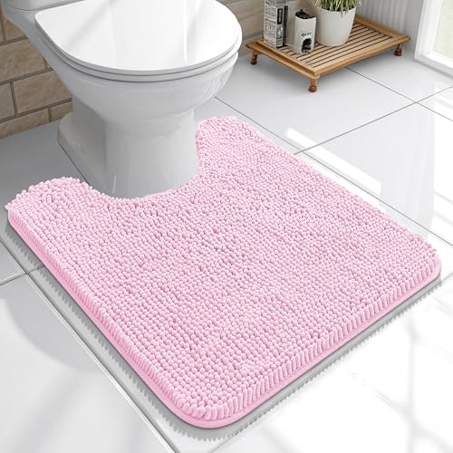 OLANLY Toilet Rugs U-Shaped 20x20, Extra Soft Absorbent Chenille Contour Bathroom Rugs for Toilet, Dry Quickly, Machine Washable, Non-Slip Bath Mat, Pink - color: Pink, size: 20" X 20" Contour Rug