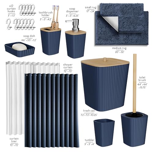 Clara Clark Bathroom Accessories Set - Bathroom Set, Bathroom Sets with Shower Curtain and Rugs, Shower Curtain Set with Bathroom Trash Can - Navy - 22PC - color: Navy Blue, size: Complete Set + Bath Rugs