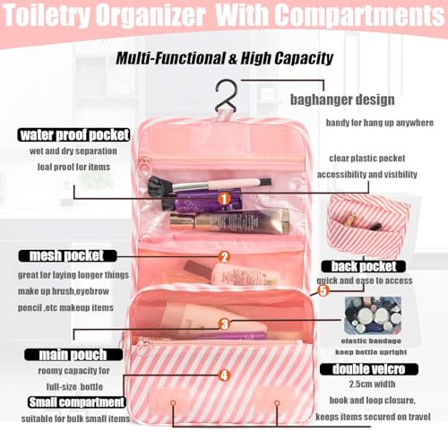 L&FY Hanging Travel Toiletry Bag Women's Cosmetic Organizer Makeup Case Pouch Men's Shaving Kits With Handle（Pink Stripe） - color: Pink Stripe, size: Compact Size