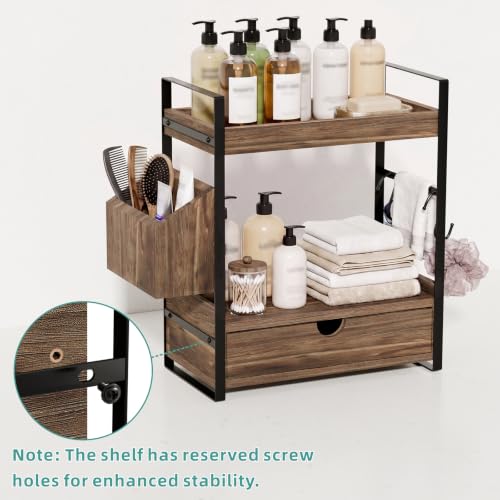 Kottwca 2-Tier Bathroom Counter Organizer with Drawer, Basket & Hooks, Wooden Vanity Shelf for Skincare, Perfume & Makeup Storage(Dark Brown) - color: Dark Brown