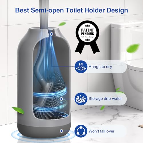 HAMITOR Toilet Bowl Brush Holder Set: Deep Cleaning Silicone Toilet Cleaner Scrubber Under Rim with Curved Bristle for Bathroom Dead Corner Clean - Modern Rv Toilet Decorative Accessories - Gray - color: Gray, size: 1Pack