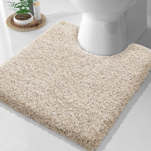 Yimobra Toilet Rugs U Shaped 24X20, Ultra Soft and Water Absorbent Bath Mats, Non Slip Fluffy Luxury Microfiber Contour Bath Rugs for Toilet, Dry Quick, Machine Washable, Light Beige and White - color: Light Beige and White, size: 20" X 24" Contour Rug