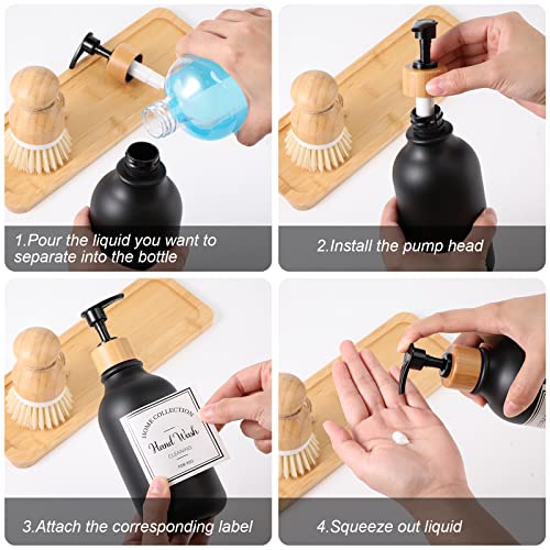 Zopeal 4 Pcs 16 oz Kitchen Soap Dispenser Set with Bamboo Tray and Dish Brush Plastic Soap Dispenser Set with Waterproof Labels for Hand Dish Lotion(Frosted Black) - color: Frosted Black