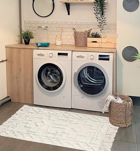 Uphome Boho Bathroom Runner Rug 2' x 4.3', Washable Woven Cotton Bedroom Rug Runners, Beige Aesthetic Tufted Entryway Runner Rugs, Bohemian Tribal Throw Rugs for Bedside Living Room Laundry Kitchen - color: Beige, size: 2' x 4.3' (Runner)