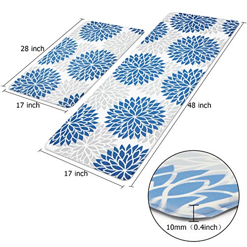 HEBE Anti Fatigue Kitchen Rug Sets 2 Piece Non Slip Kitchen Mats for Floor Cushioned Kitchen Rugs and Mats Waterproof Comfort Standing Mat Runner for Kitchen,Home Office,Sink,Laundry - color: Blue, size: 17.3"x48"+17.3"x28"-0.4"Th