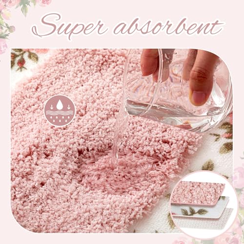 Drydiet 4 Pcs Bathroom Rugs Sets with Toilet Lid Cover Rose Flowers Bathroom Rugs Set Coquette Room Decor Floral Bath Mat U Shaped Toilet Rug Non Slip Absorbent Floral Bath Carpet
