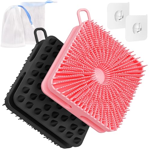 Manmihealth Dual-Sided Silicone Body Scrubber Scalp Massager 4 PCS, 2-in-1 Silicone Shower Shampoo Brush for Men and Women, Exfoliating Silicone Loofah with Soap Bag, Lather Well (Black+Pink) - color: Shower Brush (Black+pink)
