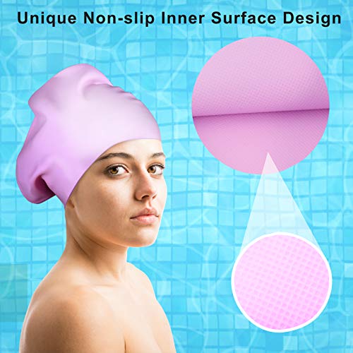 Swim Cap Long Hair 2 Pack Swimming Caps for Women Silicone Swim Caps Keep Hair Dry Waterproof Comfortable Flexible Durable Bathing Cap Tear-Proof Design Large Women Adult Swimming Cap 10+ Years Girls - color: Purple & Gray