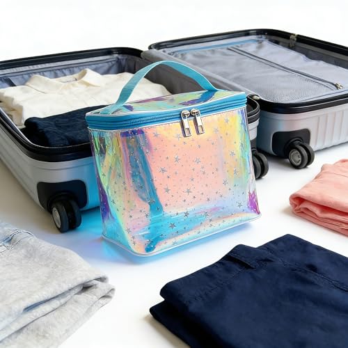 Holographic Star Print Pink Makeup Bag - Portable & Waterproof Barrel-Shaped Toiletry Bag, 8.27x6.7x6.3in Cosmetic Case for Women & Men (Blue Star) - color: Holographic Blue