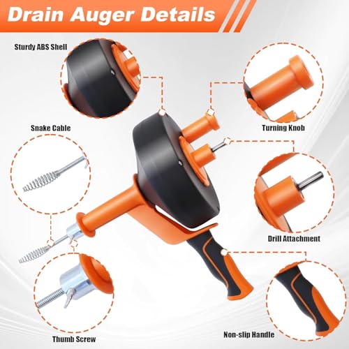 Drain Auger 25ft, Drain Clog Remover with Drill Adapter, Flexible Plumbing Snake for Kitchen, Bathroom & Shower, Manual or Drill Powered Drain Snake - size: 25ft Drain Auger + Tool Kit