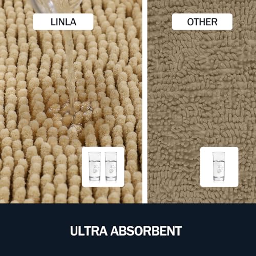 LINLA 3 Pieces Bathroom Rug Set, Absorbent Non Slip Chenille Bath mat, Thick Plush Chenille Carpet Mats Set,Washable Dry Quickly with U-Shaped Toilet Mat for Tub, Shower（Beige） - color: Beige