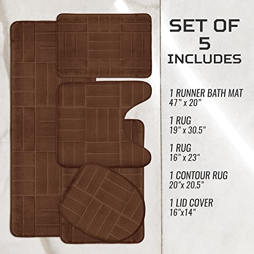 5 Piece Bathroom Rugs Set - Soft Non Slip Memory Foam Large Mats - Perfect Combination of Luxury and Comfort (Brown/Line Design, 5 Piece Set) - color: Brown/ Line Design
