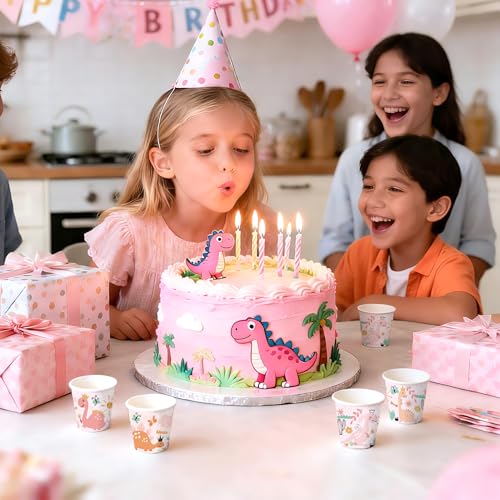 WRAPAHOLIC 3oz Dinosaur Birthday Paper Cups - 100 Pack Disposable Bathroom Cups with Baby Dinosaur 4 Design, Small Mouthwash Cup for Toothbrush Rinse, Home Bathroom and Baby Girl Shower - color: Pink Dinosaur 4 Design