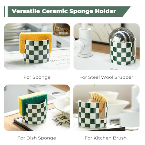Zoeeker Ceramic Kitchen Sponge Holder, Dish Sponge Holder Suitable for Scrubby Farmhouse Drying Rack Brush Holder for Christmas Bathroom, Kitchen, Sink, Green and White - color: Green and White, size: Cylindrical