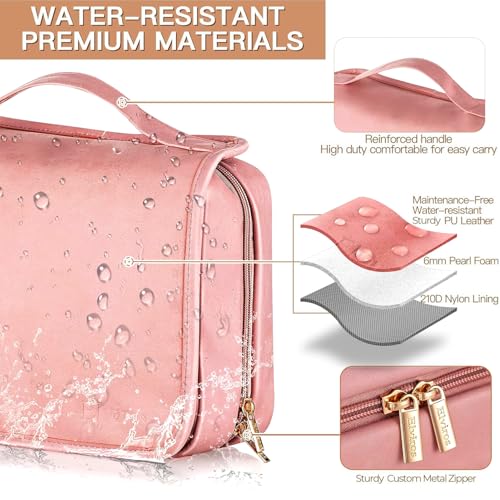 Elviros Hanging Travel Toiletry Bag for Women, 3-in-1 Large Makeup Bag and Cosmetic Organizer, Vegan Leather Waterproof Skincare Case for Travel Size Toiletries and Accessories, Gift for Women - color: Cherry Blossom Pink, size: 1 Pack