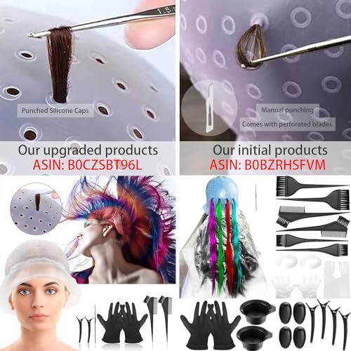 Silicone Highlight Caps for Color Hair 24 Pcs, Reusable Highlighting Caps with Hooks & Salon Hairdressing Dyeing Staining Tools Set for Women Men