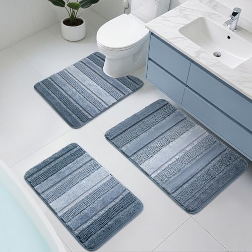 Kmson 3 Pcs Ombre Chenille Bathroom Rugs Set, Non-Slip Ultra Soft Washable Shaggy Bath Rugs for Bathtub, Thick Water Absorbent Microfiber Shower Mat Blue - color: Light Blue Rug, size: 17" x 24" + 20" x 32" + U Shape 24" x 20"