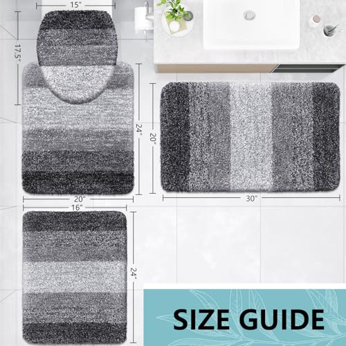Arotive Microfiber Bathroom Rugs Sets 4 Piece, Extra Soft Absorbent Bath Mats, Machine Wash Dry U-Shaped Contour Rug and Toilet Lid Cover for Bath Tub, Toilet and Shower, Grey - color: Grey, size: 30" X 20" + 24" X 16" + 24" X 20" + 17.5" X 15"