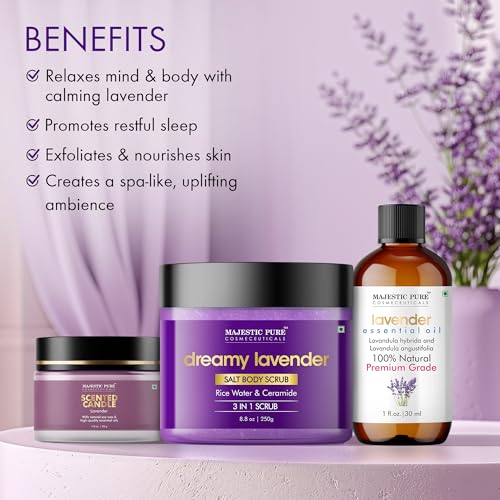 Majestic Pure Lavender Essential Oil & Body Scrub Set | 100% Pure & Natural Gift Set | Relaxing & Stress relief | pack of 3