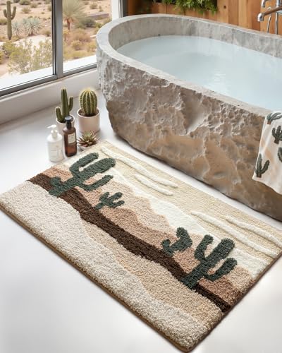 DEXI Bathroom Rug Washable, 43x24 Non Slip Large Bath Mat Absorbent, Soft Plush Desert Cactus Microfiber Bathmat Quick Dry for Shower Floor - color: Wasteland, size: 43" X 24" (Rectangular)