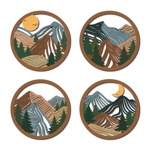 TOARTi 4Pcs Boho Mountain Wooden Wall Art,Abstract Sun Moon Pine Tree Wall Decor,Natural Mountain Landscape Artwork,Minimalist Geometric Forest Hanging Sign for Farmhouse Living Room Bedroom Office - color: 4pcs Mountain Landscape Wooden Wall Art