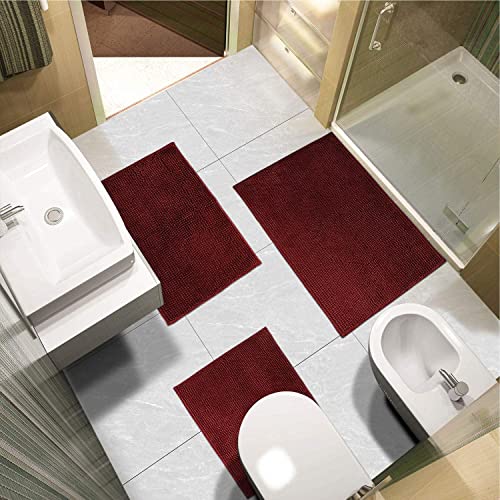 Urvoix Bathroom Rugs Set - 3 Pieces Ultra Soft Non-Slip Bath Mats, Chenille Absorbent Bath Rugs for Bathroom, Tub and Shower (Burgundy) - color: Burgundy