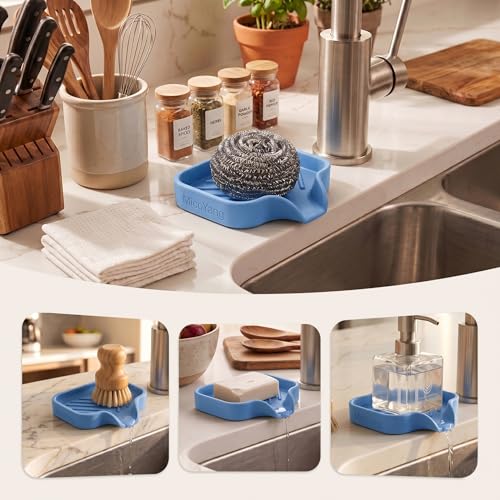 MicoYang Silicone Soap Dish with Drain Spout, Self-Draining Sink Organizer Tray for Bathroom & Kitchen, Sponges, Dispensers & Soap Holder, Non-Slip & Dishwasher Safe, Lichen Blue (Compact, 4.9"×3.2") - color: Lichen Blue, size: S(4.9"×3.2")