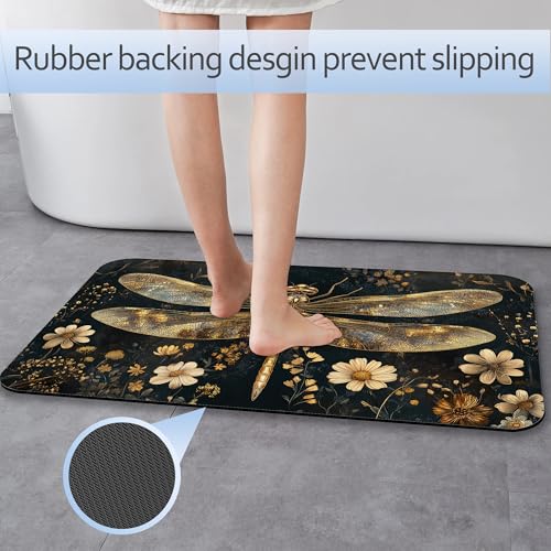 Vintage Dragonfly Bathroom Rug 29.5"x17",Flowers Quick-Drying Super Absorbent Diatomite Bath Mat with Non-Slip Backing, Thin Washable Bathroom Floor Mat Fits Under Door for Shower, Sink, or Tub - color: Vintage Dragonfly Flowers