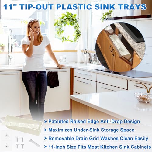Upgraded 11" Tip-Out Plastic Sink Trays Kitchen Sink Tip Out Tray with 8X Mounting Screws and 4X Adhesive Screws for Kitchen Sink and Bathroom Base Cabinets, Large Pullout Vanity Shelf Home Organizer