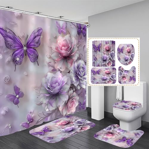 DDQQ 4Pcs Purple Glitter Floral Shower Curtain Set Bathroom Sets Butterfly Diamond Shower Curtain with 12 Hooks Bathroom Decor with Rugs Bath Accessories with Mats Toilet Lid Cover - color: Purple