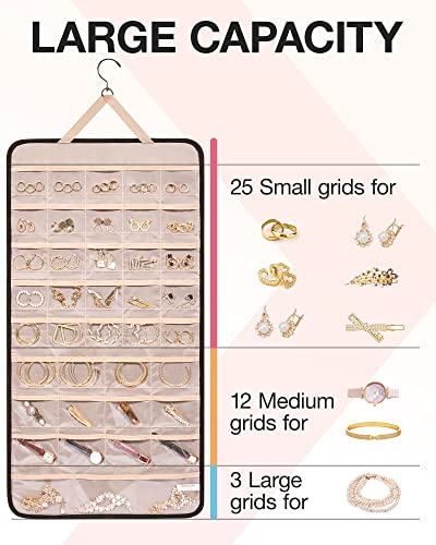 BAGSMART Hanging Jewelry Organizer Storage Roll with Hanger Metal Hooks Double-Sided Jewelry Holder for Earrings, Necklaces, Rings on Closet, Wall, Door, 1 piece, Extra Large, Black - color: Black, size: X-Large