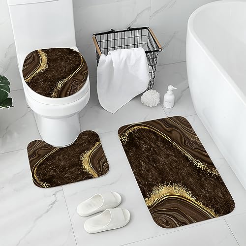 Gibelle 4 Pcs Luxury Marble Shower Curtain Set with Non-Slip Rugs, Toilet Lid Cover and Bath Mat, Gold Foil Brown Bathroom Decor Set with Shower Curtain and Rugs and Accessories - color: Brown