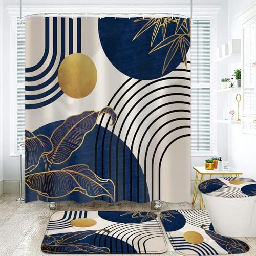LQCOOL 4Pcs Blue Shower Curtain Set, Boho Bathroom Sets, Bamboo Leaf Bathroom Shower Bathroom Sets with Shower Curtain and Rugs, Shower Curtain with 12 Hooks - color: Blue Black