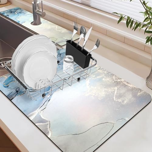 19.5" x 12" Dish Drying Mat & 24" x 5.5" Sink Splash Guard, Super Absorbent Drainer Rack Mat for Kitchen Counter Coffee Bar - color: Blue, size: 19.5"*12"+24"*5.5"